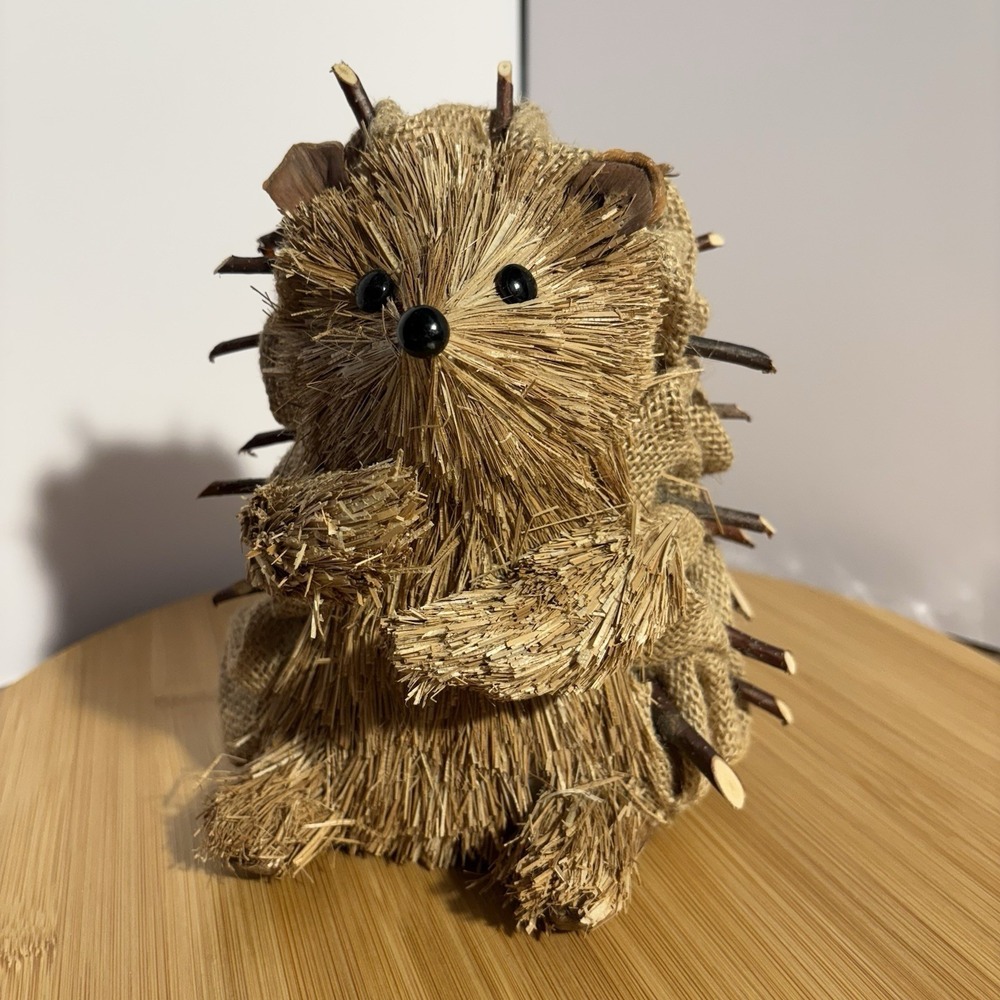 Hand Crafted Hedgehog Natural Twig Straw Burlap Figurine Brown Porcupine Animal